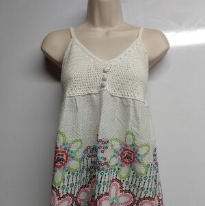 Ladies Cococabana Crochet Top Short Dress, S, Cream top, floral bottom, NWT